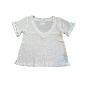 POL White Waffle Knit V-Neck Short Sleeve Sweater Tee Size S Relaxed Fit FKT354